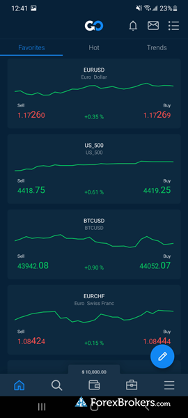 AvaTradeGo mobile app watchlist