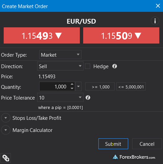 FOREX.com ATPro desktop trading platform trade ticket order window