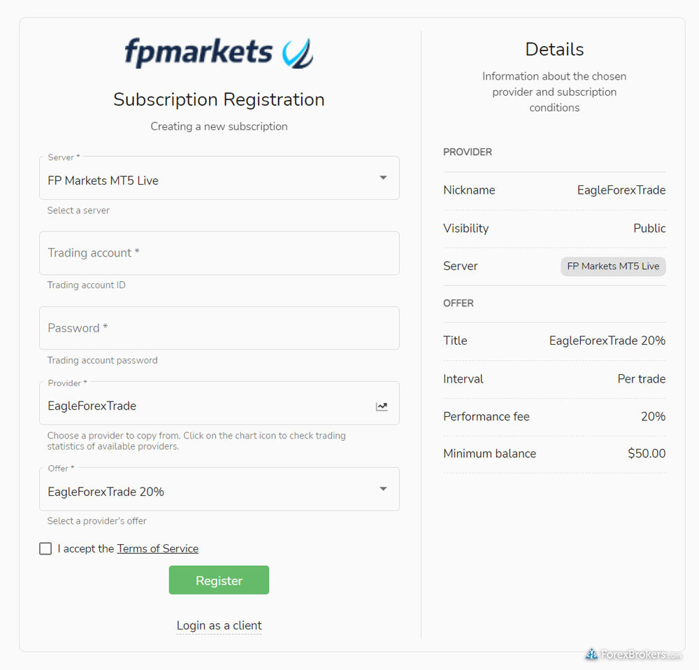 FP Markets social copy trading example copier fees