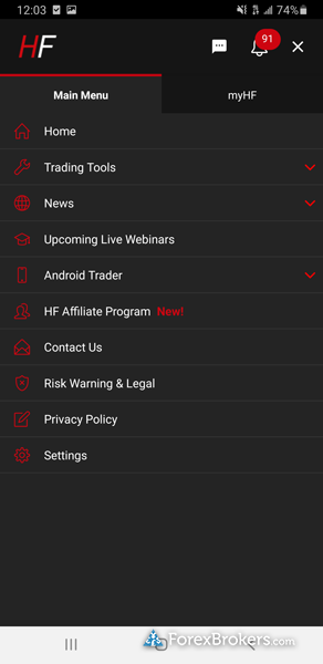 HotForex mobile trading app settings