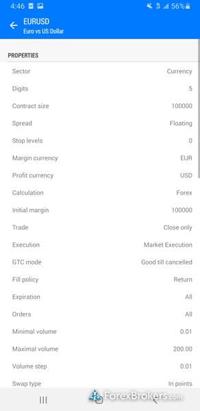 IC Markets MT5 mobile trading app contract specifications