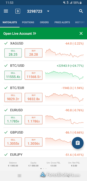 IC Markets cTrader mobile app watchlist