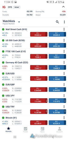 IG trading mobile app watchlist