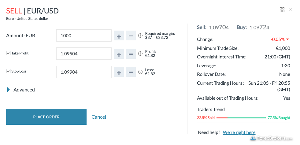 Markets.com web platform trade ticket window