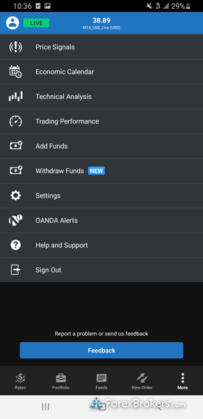 OANDA fxTrade mobile trading app settings