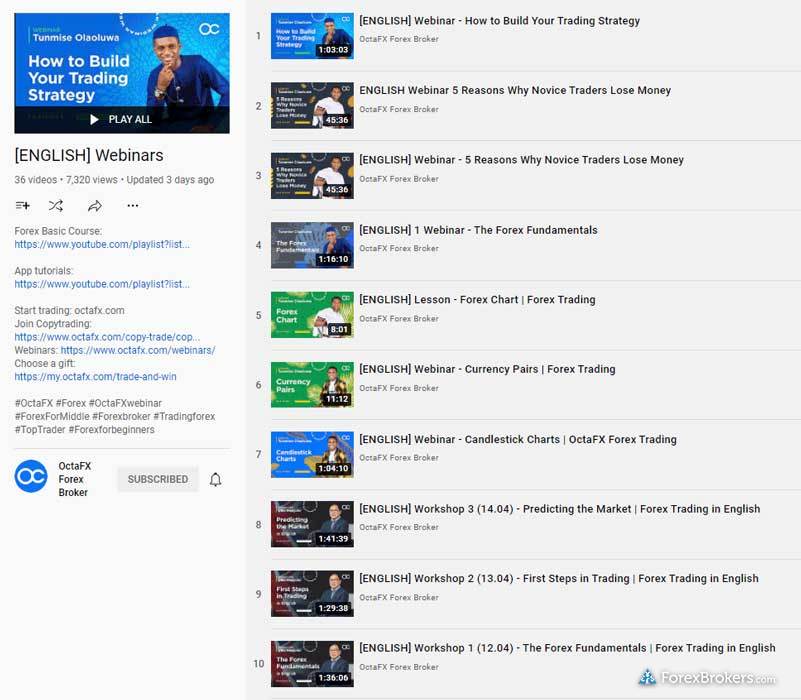 OctaFX FX YouTube channel archived webinars