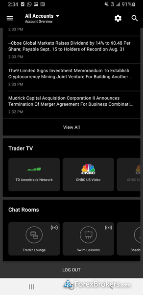 TD Ameritrade thinkorswim app dashboard