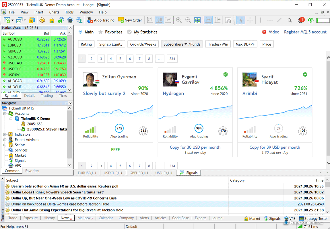 Tickmill MT5 desktop signals market