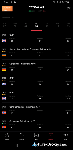 XTB xStation mobile trading app economic calendar