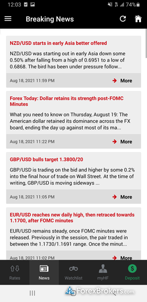 HotForex mobile trading app news headlines